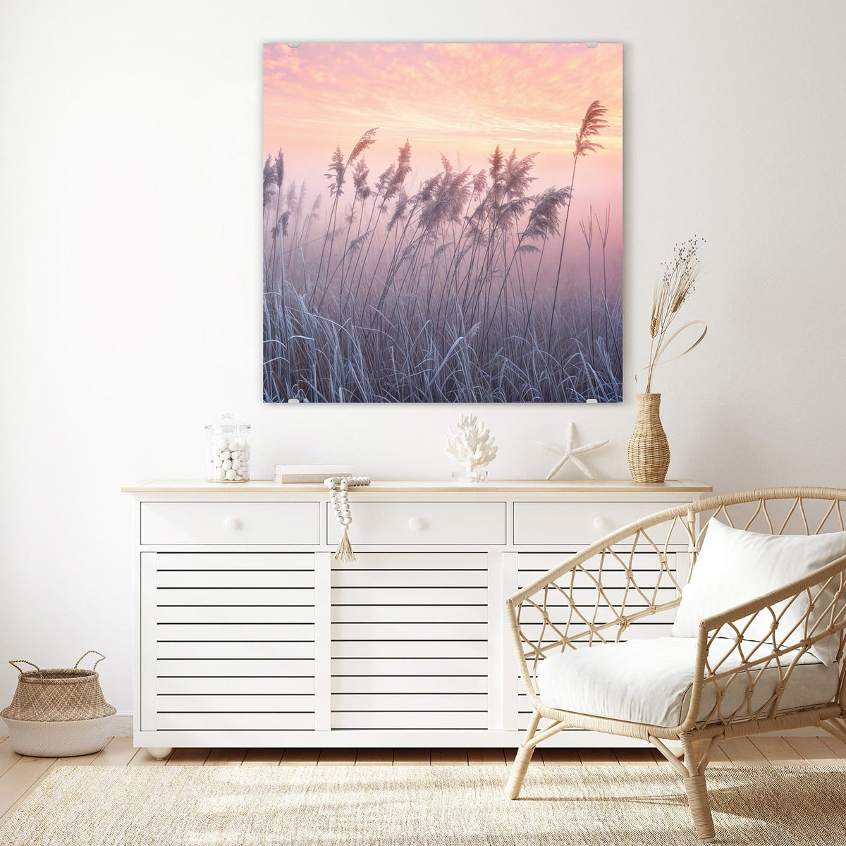 Echtglas, 4 mm – kein Acryl, keine Folie – Wandbild - Schilf im Morgenrot - Quadratisch