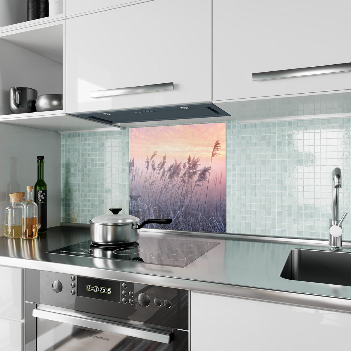 Küchenrückwand Schilf im Morgenrot aus Glas – Frostige Gräser im rosa Morgenlicht