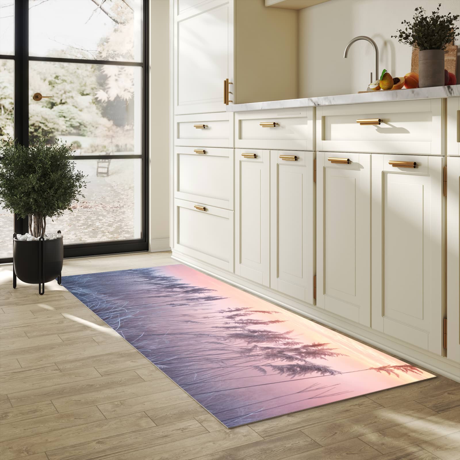 Feuchtigkeitsresistenter Küchenteppich mit Motiv Nebelwiese am Morgen in heller Küche