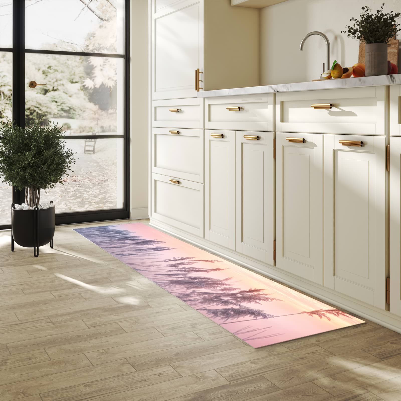 Rutschhemmender Küchenläufer mit Motiv Nebelwiese am Morgen in heller Küche