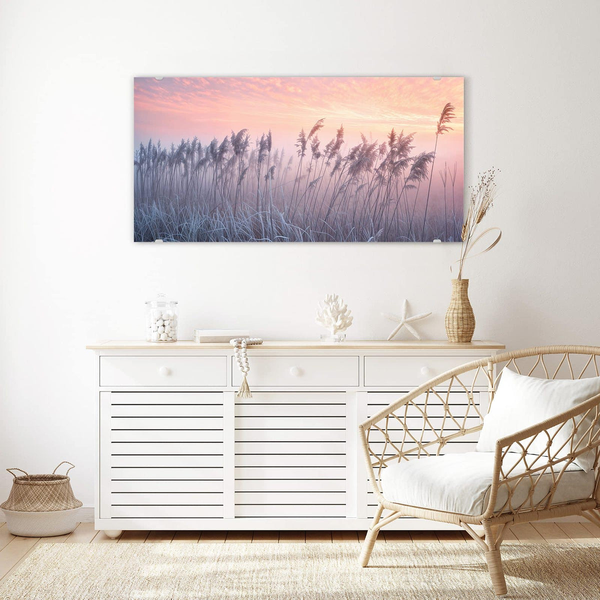 Echtglas, 4 mm – kein Acryl, keine Folie – Wandbild - Schilf im Morgenrot - Querformat