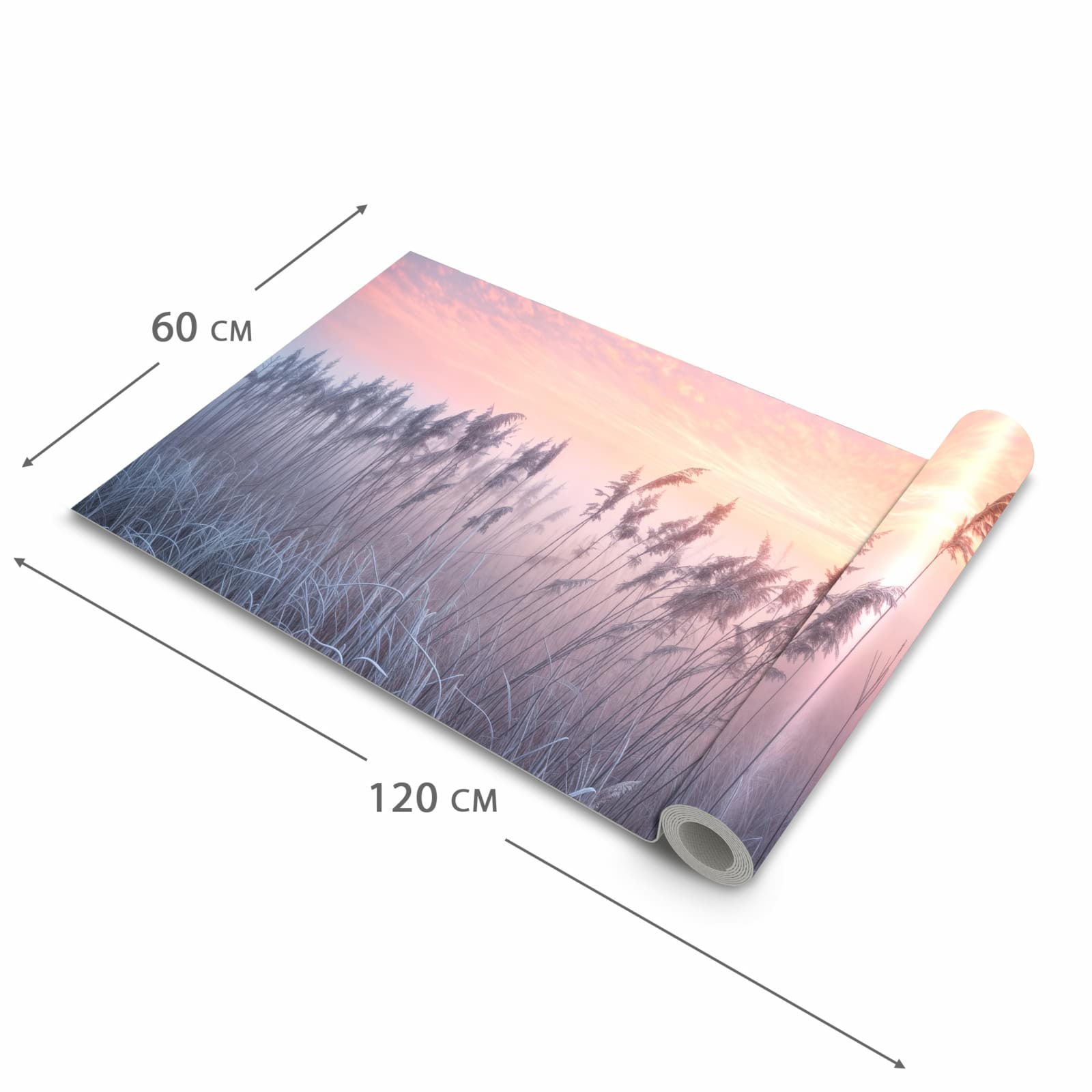 Farbbeständiger Teppich für Küche mit Motiv Nebelwiese am Morgen in der Grösse 60x270 cm
