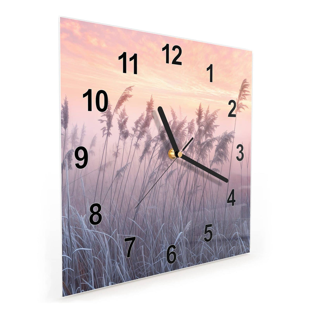 Quadratische Wanduhr aus Glas Schilf im Morgenrot schräg von der Seite, 4 mm starkes Glas