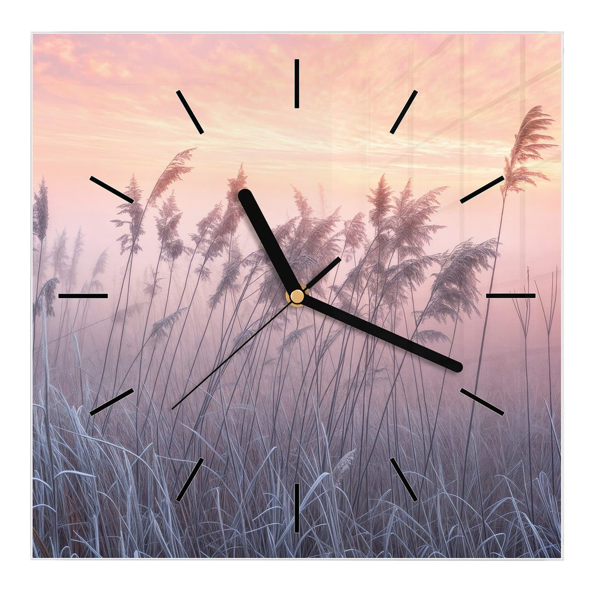 Wanduhr aus Glas, Ziffernblatt Linie mit Motiv Schilf im Morgenrot: Schilfrispen und frostiges Gras vor rosa-orangem Himmel