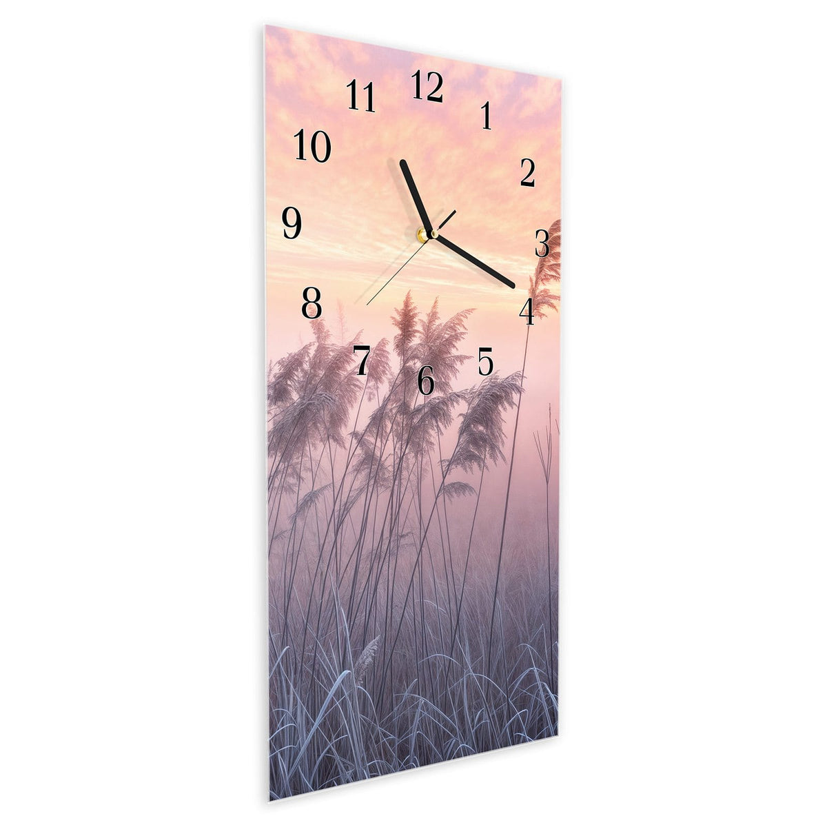 Vormontiert – mit Schwebeeffekt – Wanduhr Nebelwiese am Morgen aus Glas – Hochformat 30 × 60 cm
