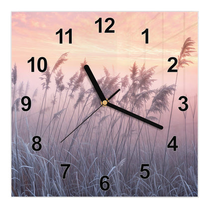 Wanduhr Quadratisch mit dem Motiv Schilf im Morgenrot