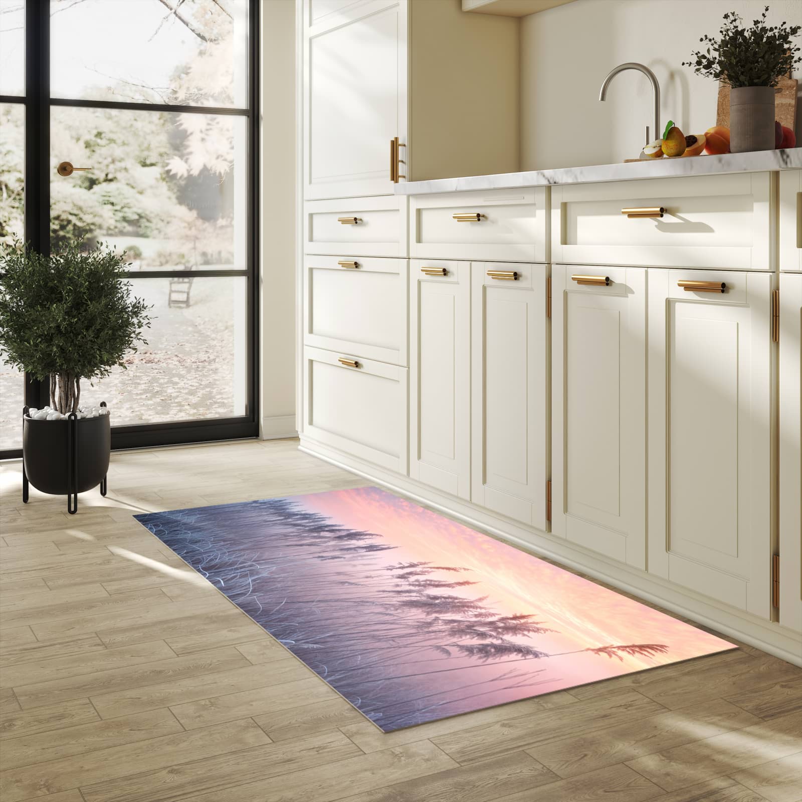Rutschfester Küchenteppich mit Motiv Nebelwiese am Morgen in heller Küche