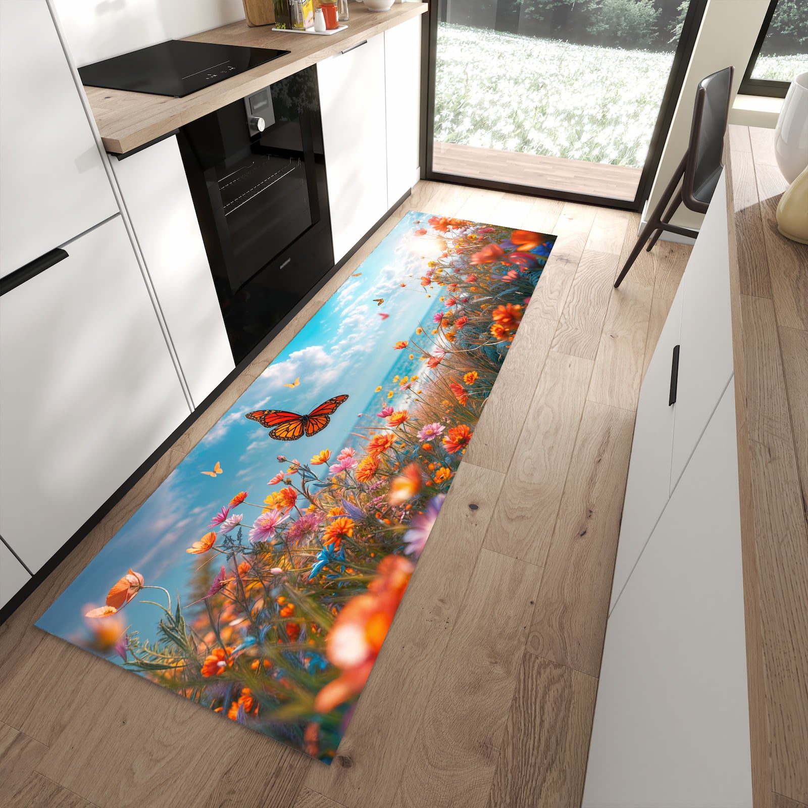 Langlebiger Bodenläufer mit Motiv Sommerblumenwiese in moderner Küche