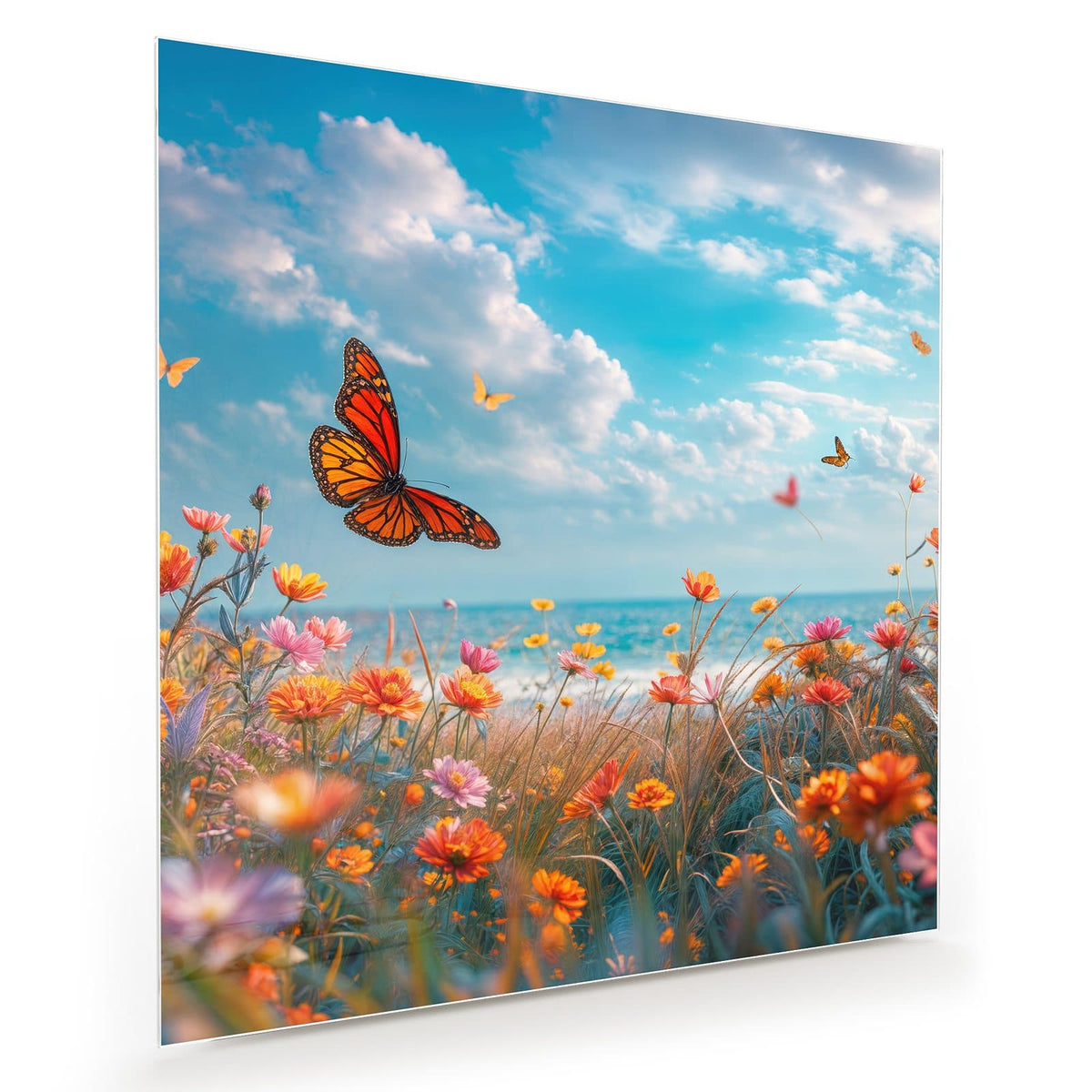 Bunte Blumenwiese am Meer mit Monarchfalter, dahinter türkises Wasser und Wolkenhimmel