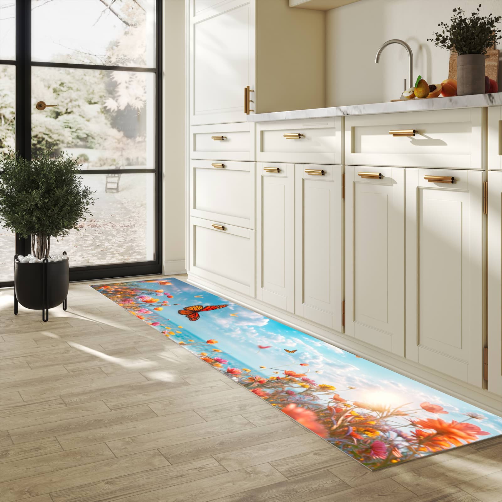 Geräuschdämpfender Küchenläufer mit Motiv Sommerblumenwiese in heller Küche