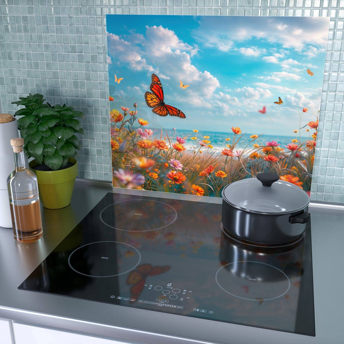 1-teilige Herdabdeckung aus Glas mit Sommerblumenwiese-Motiv als Spritzschutz hinter dem Kochfeld
