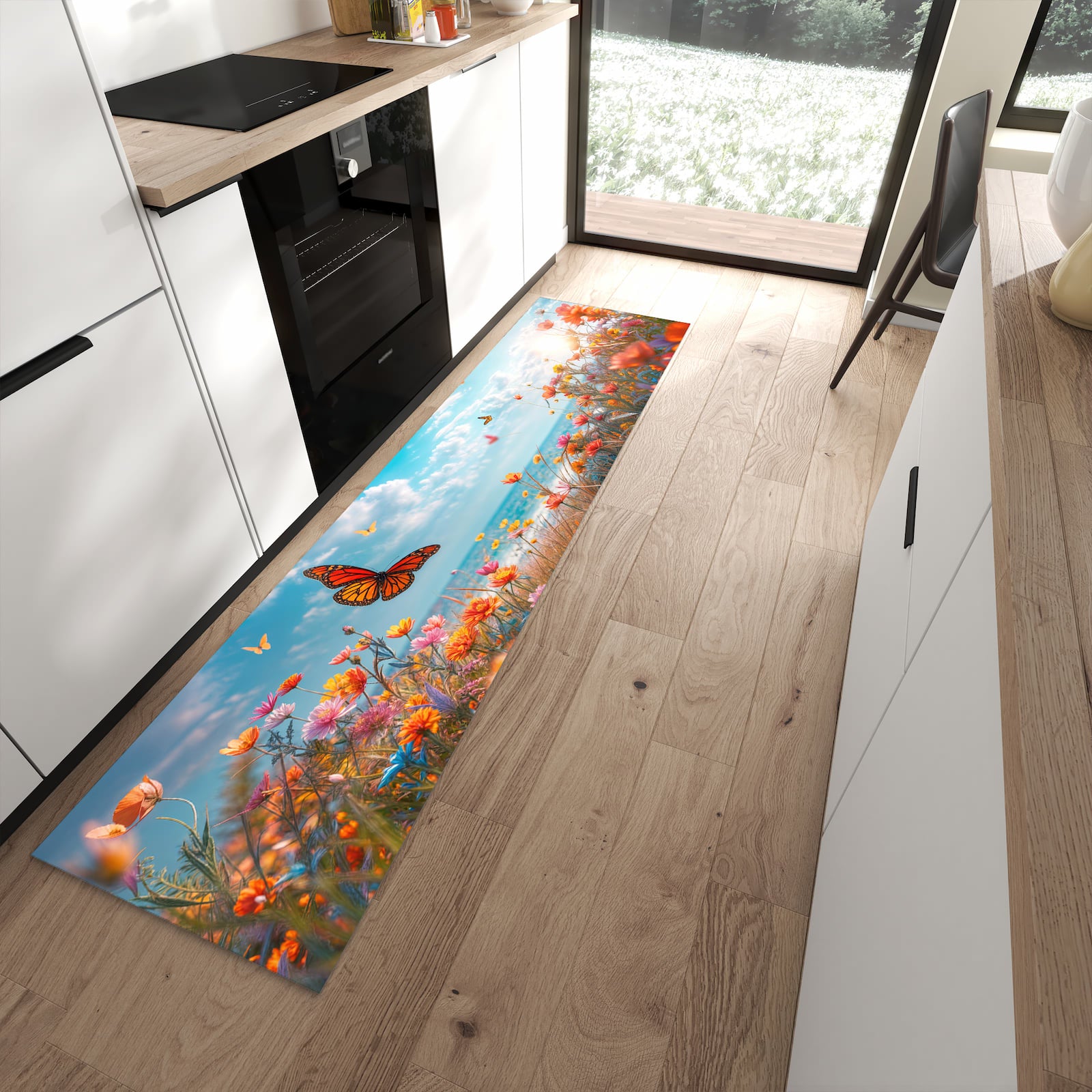Rutschfester Küchenteppich mit Motiv Sommerblumenwiese für Trittkomfort in moderner Küche