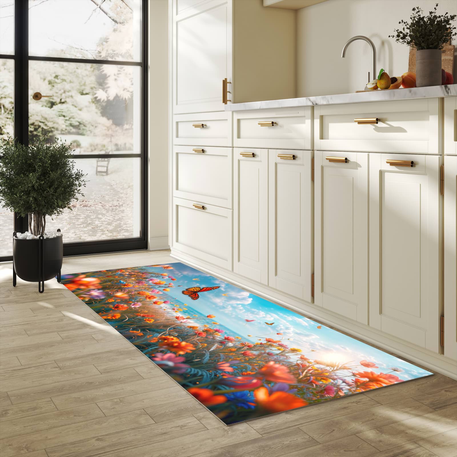 Geruchsneutraler rutschfester Küchenläufer mit Motiv Sommerblumenwiese in heller Küche