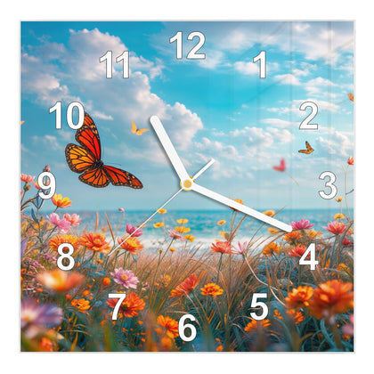 Wanduhr Quadratisch mit dem Motiv Blütenwiese am Meer