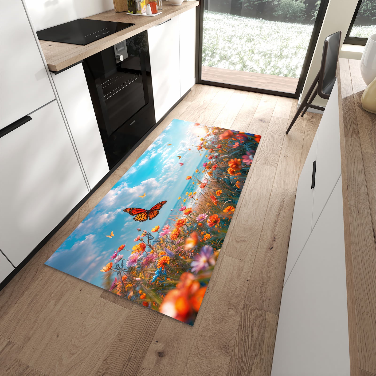 Komfortabler waschbarer Küchenteppich mit Motiv Sommerblumenwiese in moderner Küche