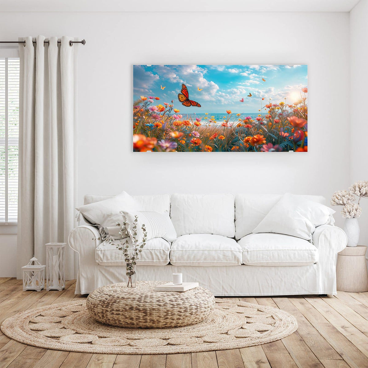 Wandbild - Blütenwiese am Meer - Querformat – Blumenwiese mit Schmetterling am Meer