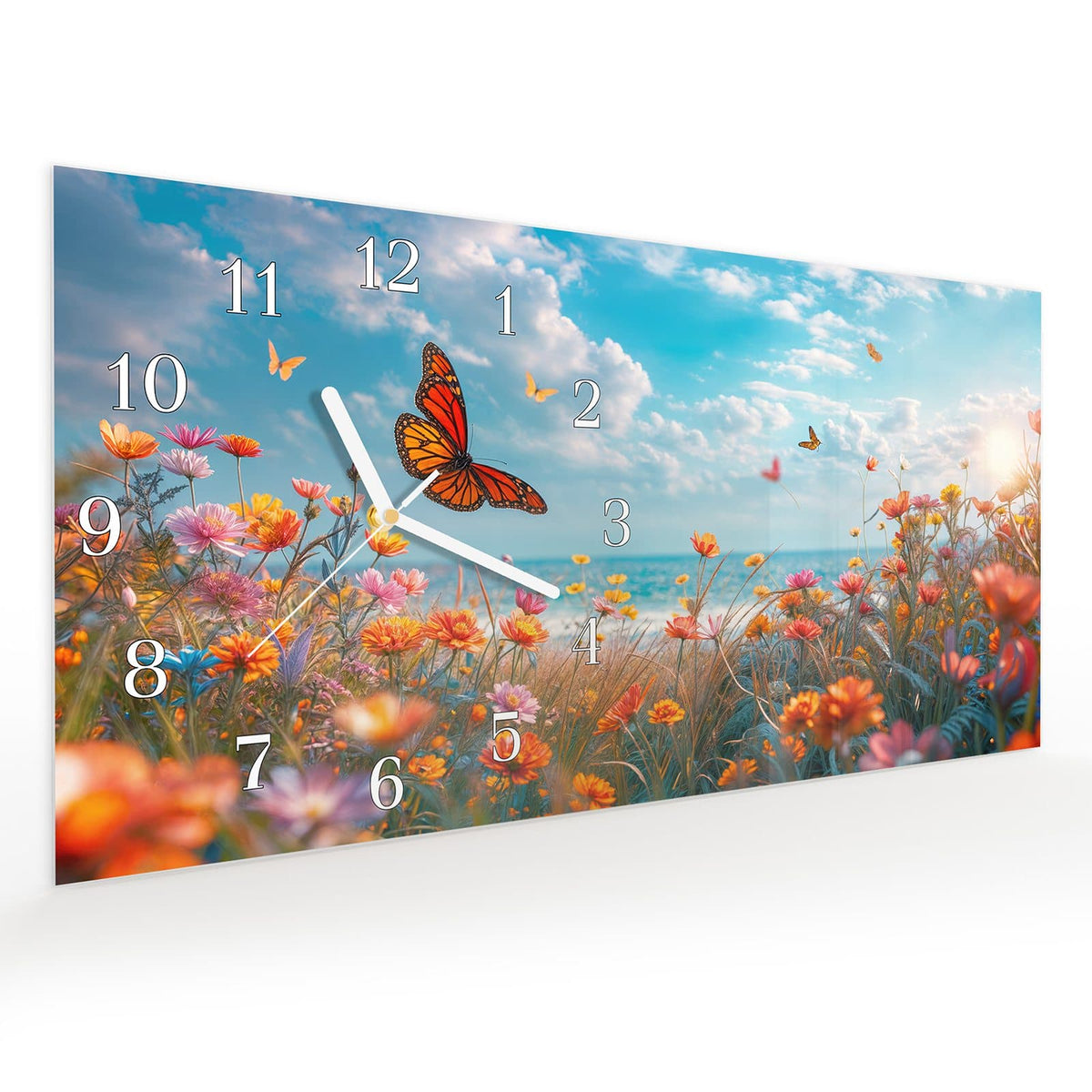 Vormontiert – mit Schwebeeffekt – Wanduhr Sommerblumenwiese aus Glas – Querformat 60 × 30 cm