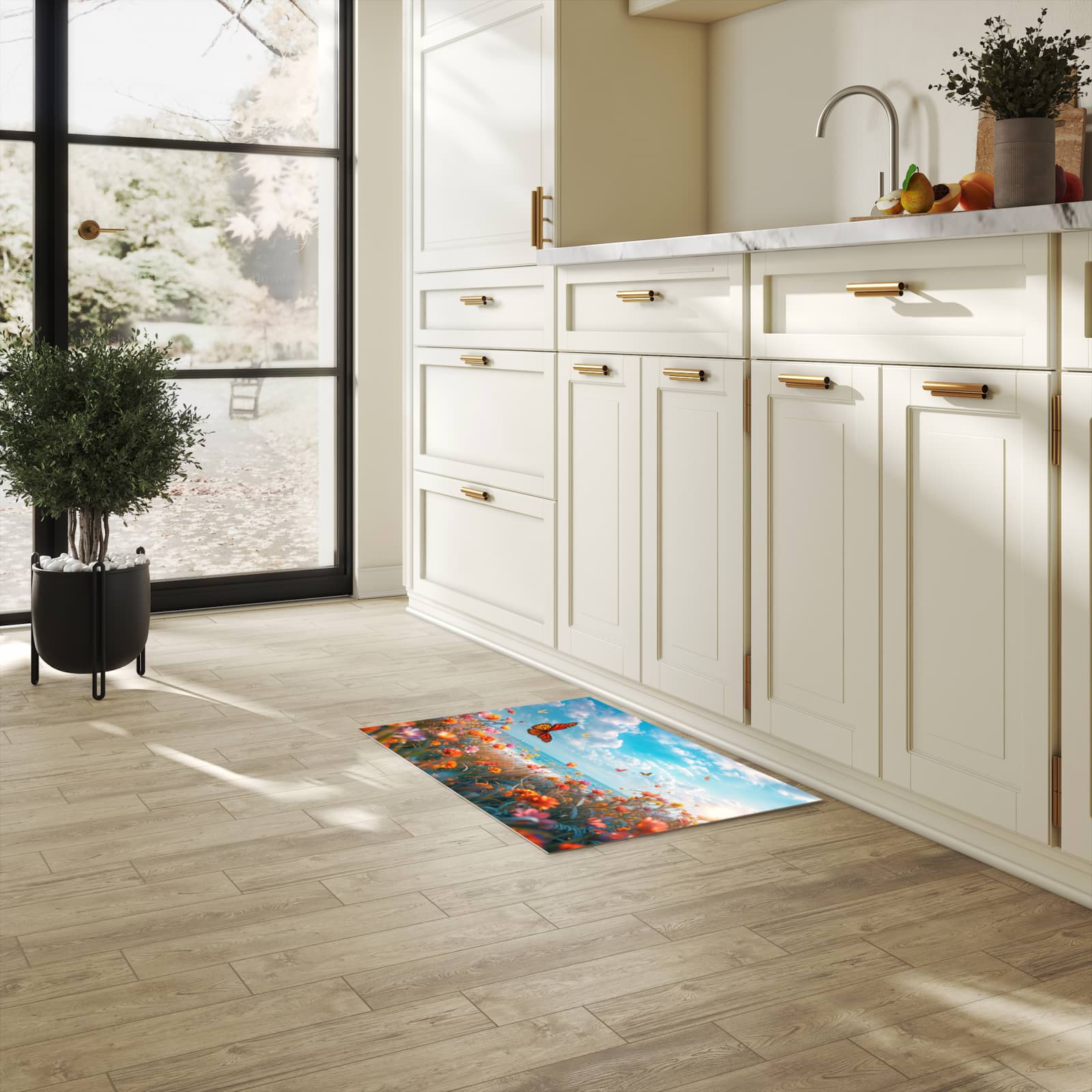 Abriebfester Küchenläufer mit Motiv Sommerblumenwiese in heller Küche