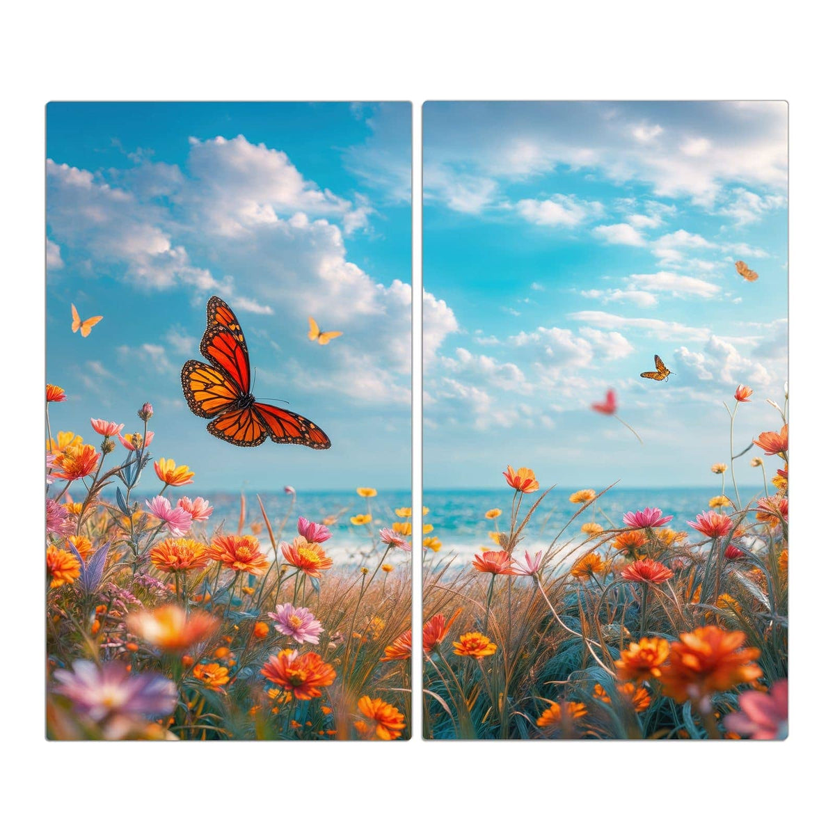 Bunte Blumenwiese am Meer mit Monarchfalter, dahinter türkises Wasser und Wolkenhimmel