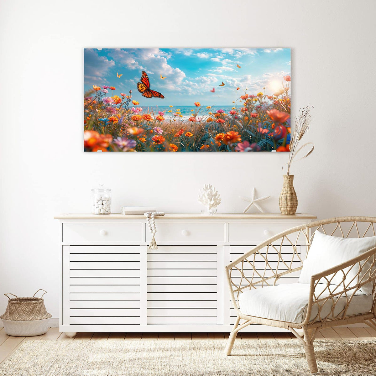 Echtglas, 4 mm – kein Acryl, keine Folie – Wandbild - Blütenwiese am Meer - Querformat