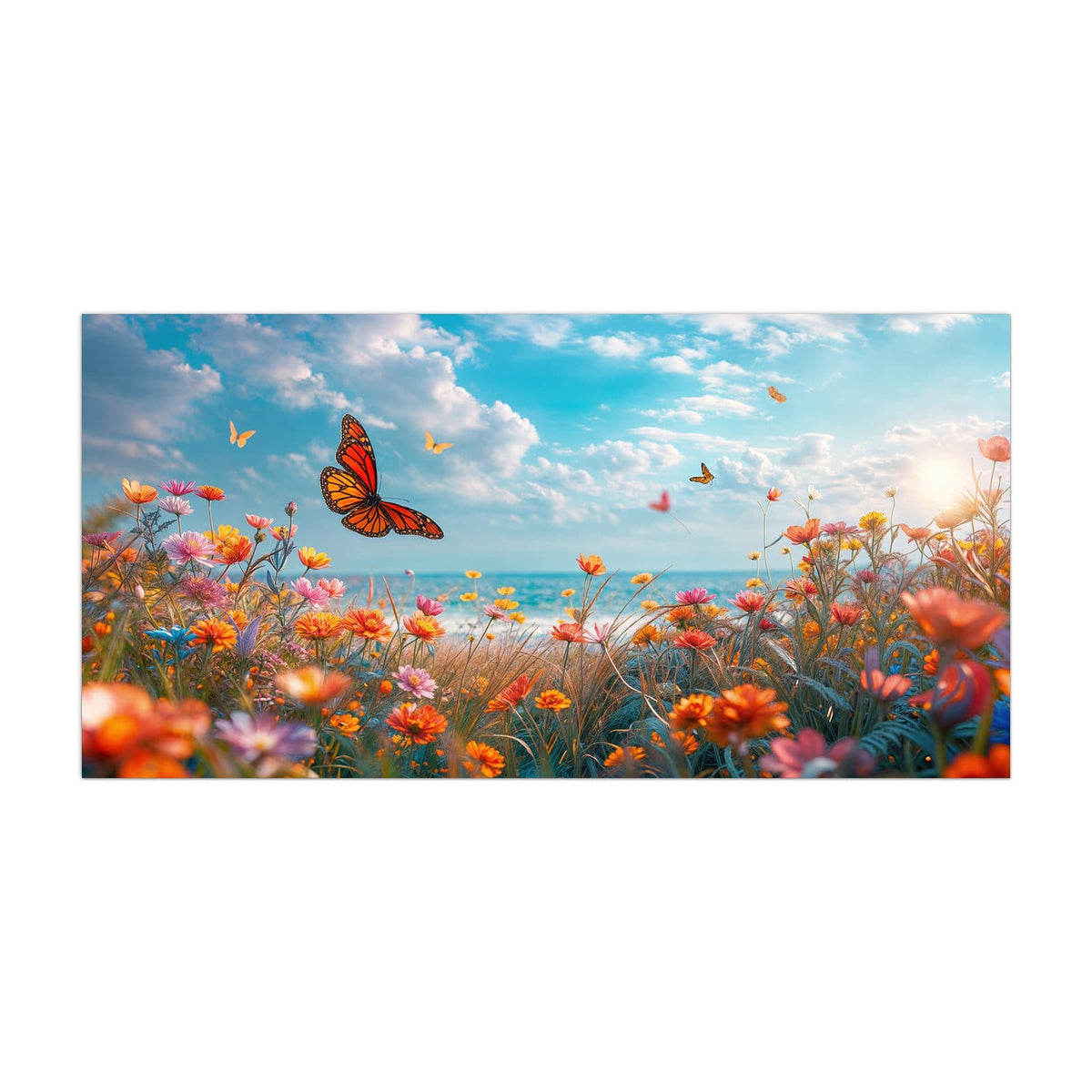 Küchenrückwand aus Glas Blütenwiese am Meer im Hochformat, Motiv bildfüllend von vorn