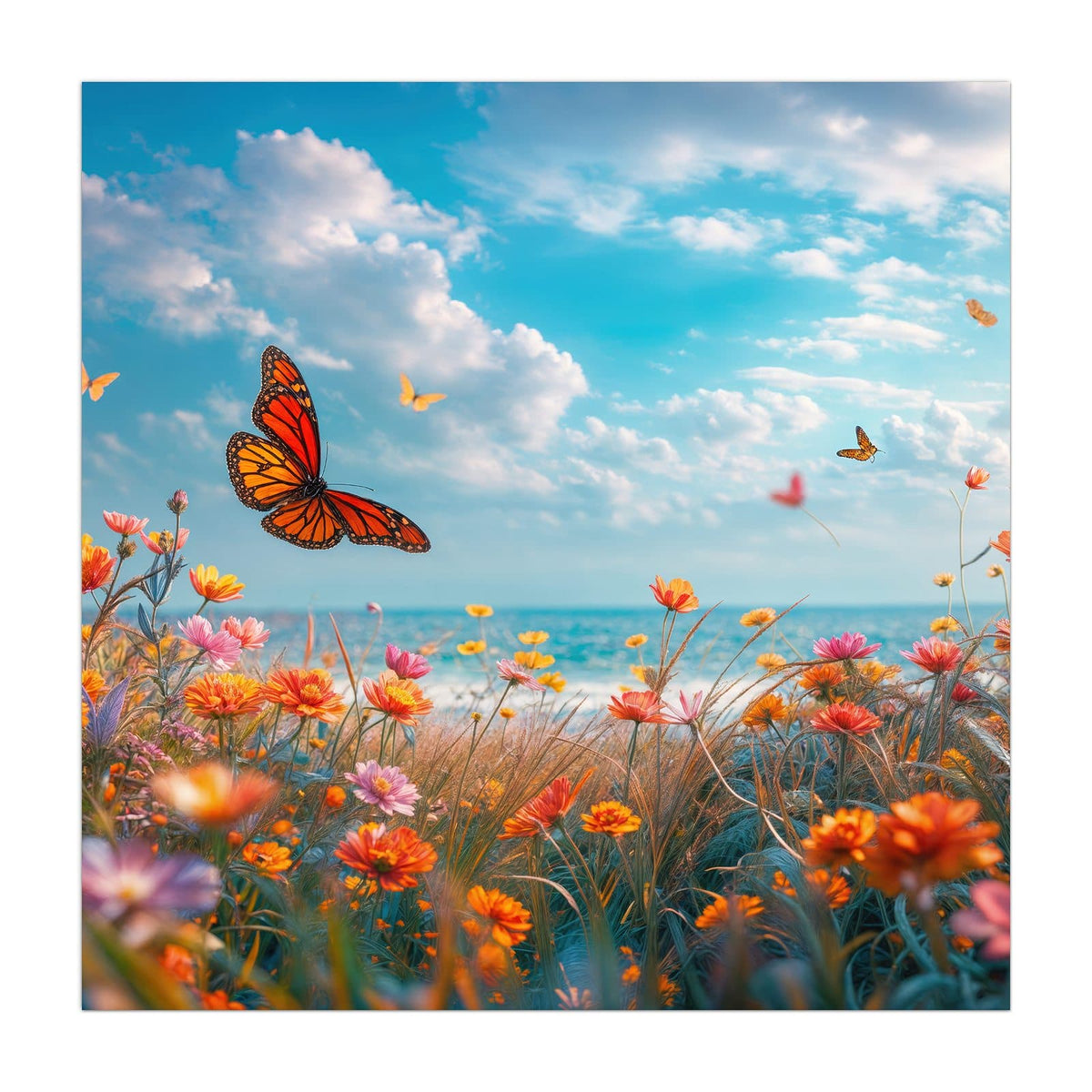Bunte Blumenwiese am Meer mit Monarchfalter, dahinter türkises Wasser und Wolkenhimmel