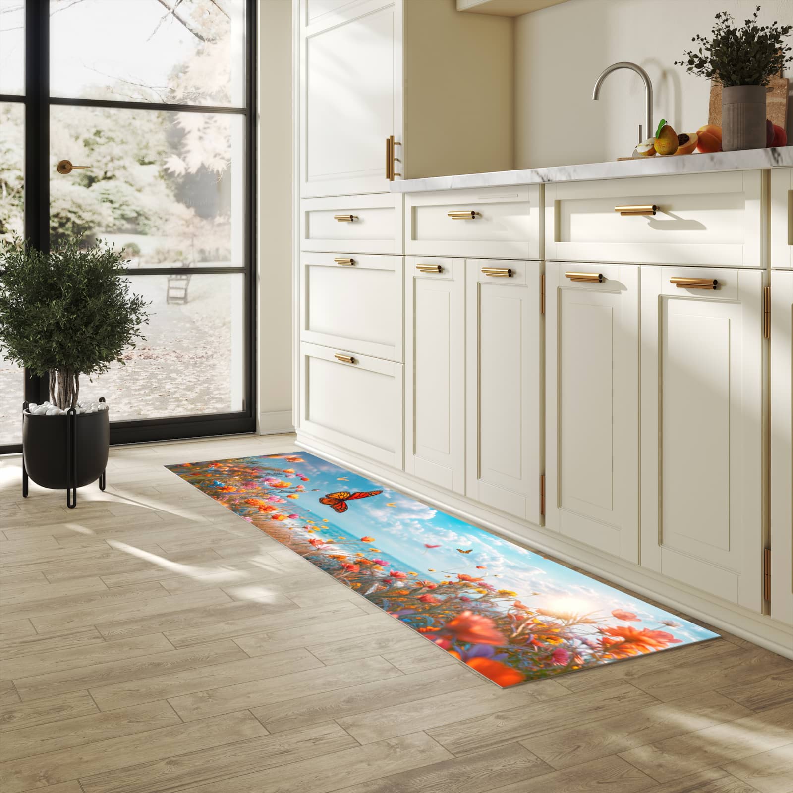 Rutschfester Küchenteppich mit Motiv Sommerblumenwiese in heller Küche für sicheren Stand