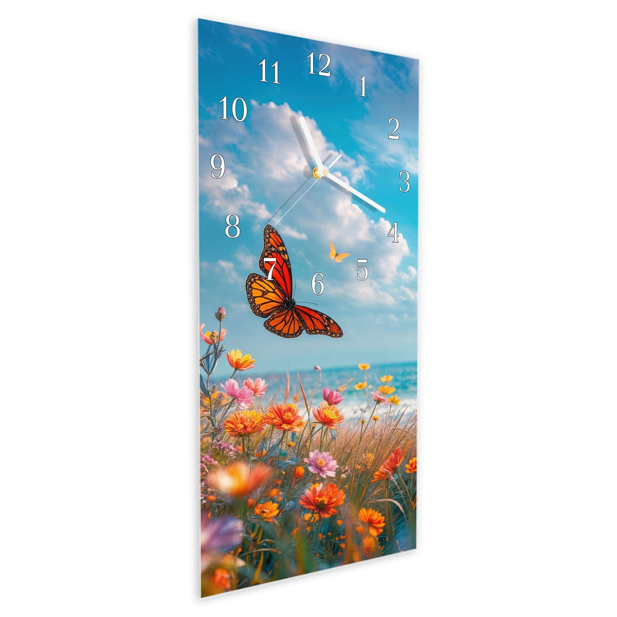 Vormontiert – mit Schwebeeffekt – Wanduhr Sommerblumenwiese aus Glas – Hochformat 30 × 60 cm