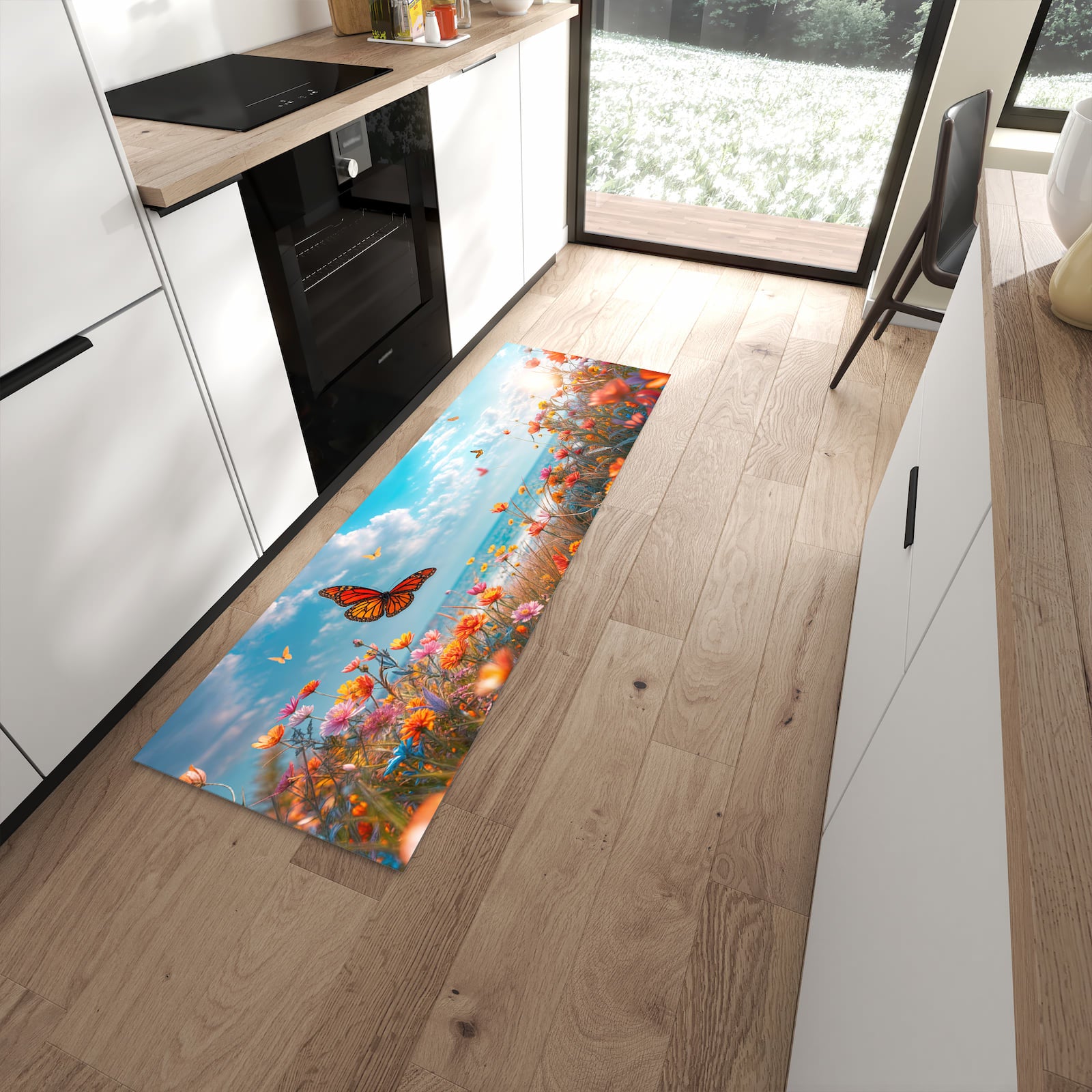 UV-beständiger dünner Teppich mit Motiv Sommerblumenwiese in moderner Küche