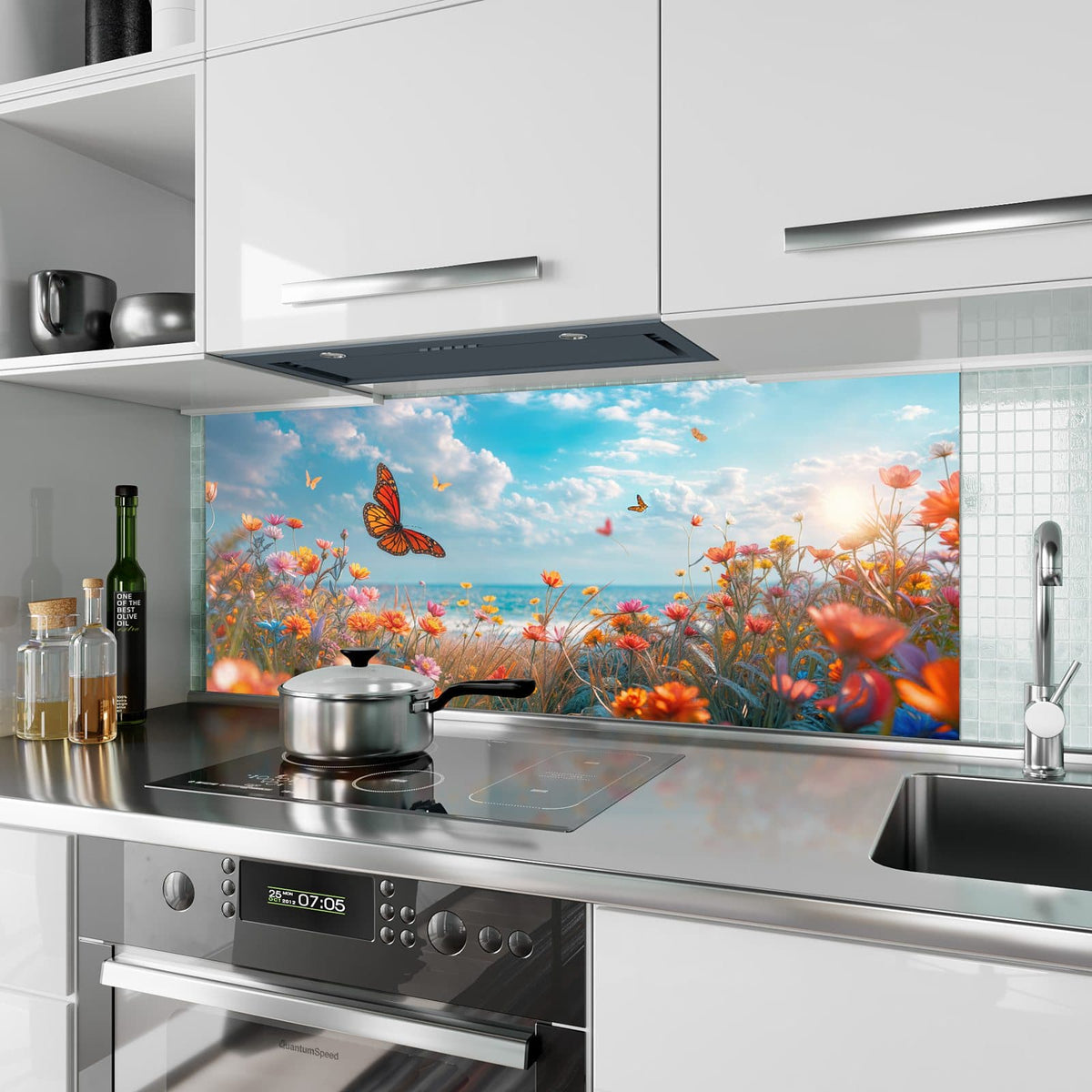 Küchenrückwand aus Glas Blütenwiese am Meer im Hochformat als Spritzschutz hinter dem Kochfeld, über dem Fliesenspiegel montiert