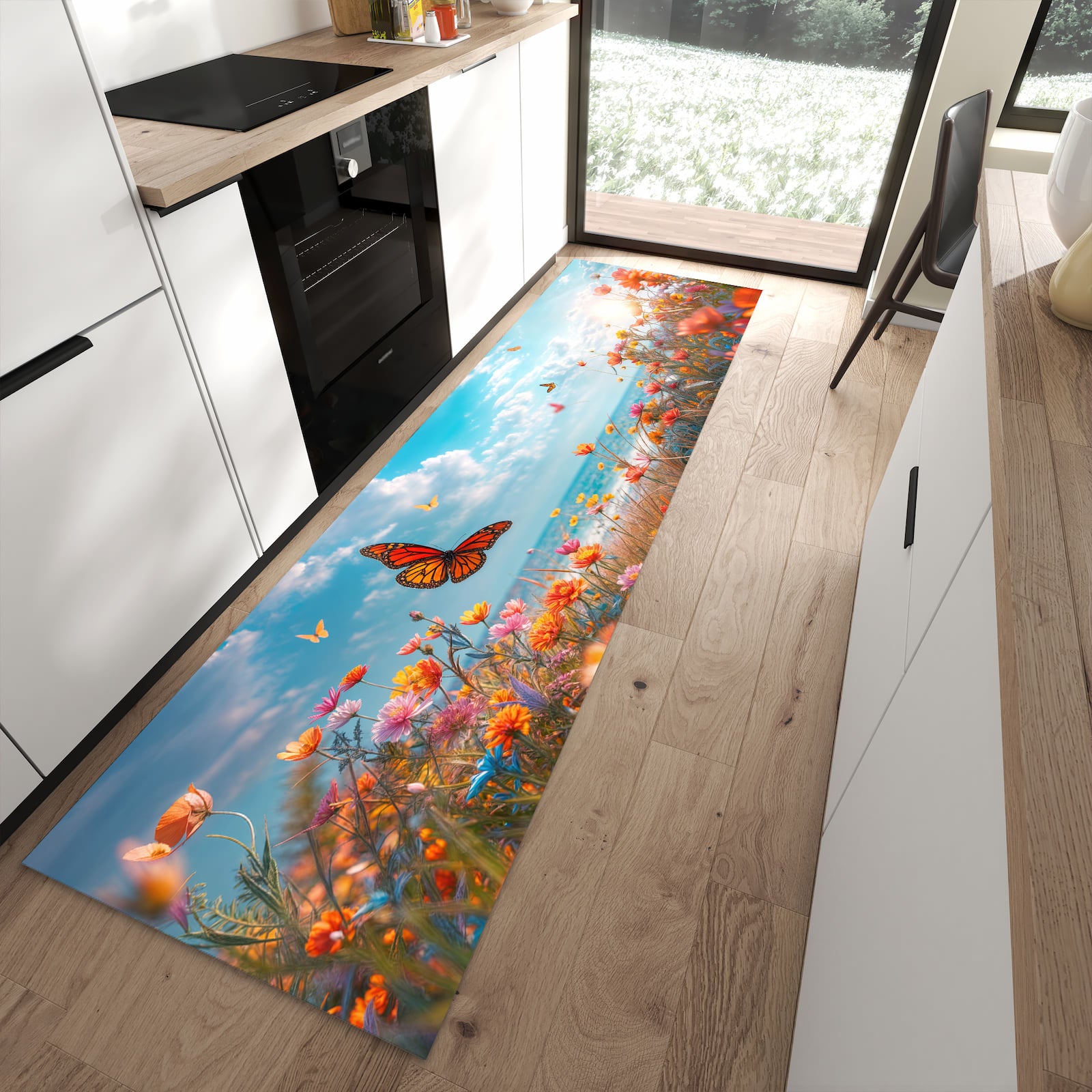 Flacher Bodenläufer mit Motiv Sommerblumenwiese in moderner Küche