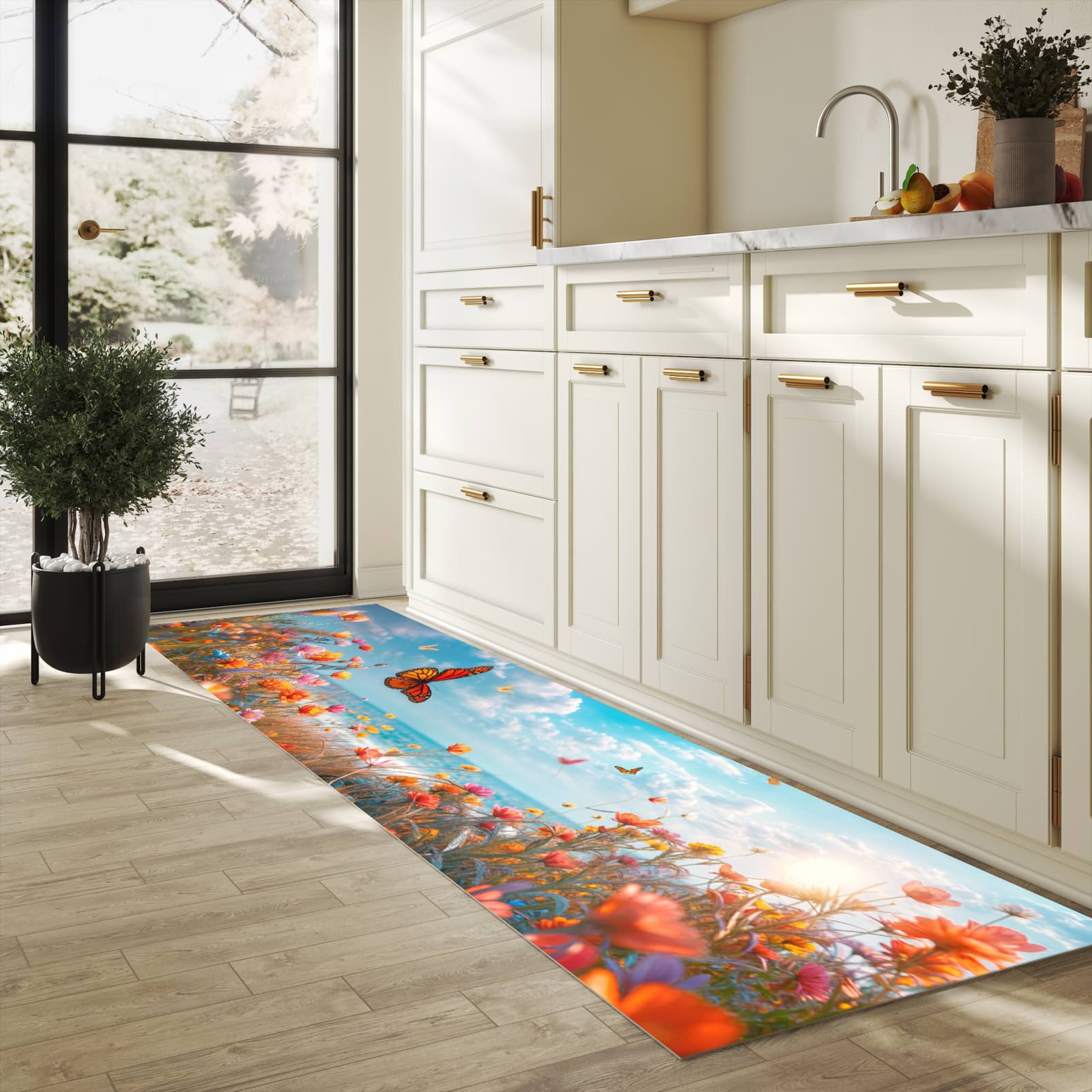 Fleckenresistenter rutschfester Küchenläufer mit Motiv Sommerblumenwiese in heller Küche