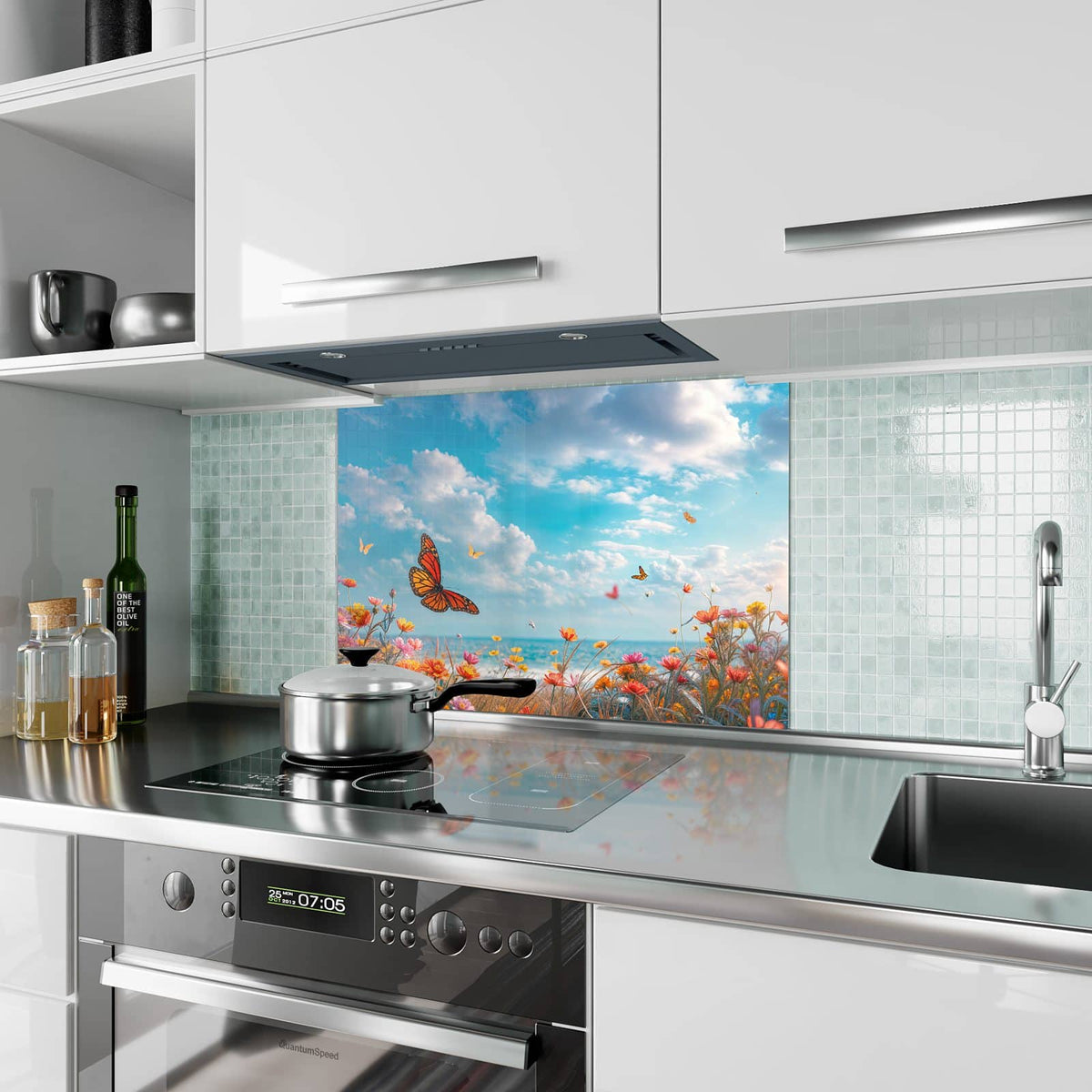 Küchenrückwand aus Glas Blütenwiese am Meer im Hochformat als Spritzschutz hinter dem Kochfeld, über dem Fliesenspiegel montiert