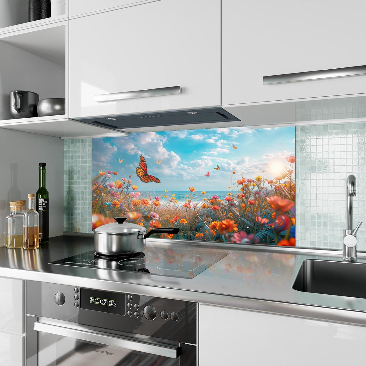 Küchenrückwand aus Glas Blütenwiese am Meer im Hochformat als Spritzschutz hinter dem Kochfeld, über dem Fliesenspiegel montiert