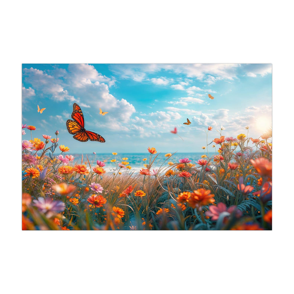 Küchenrückwand aus Glas Blütenwiese am Meer im Hochformat, Motiv bildfüllend von vorn