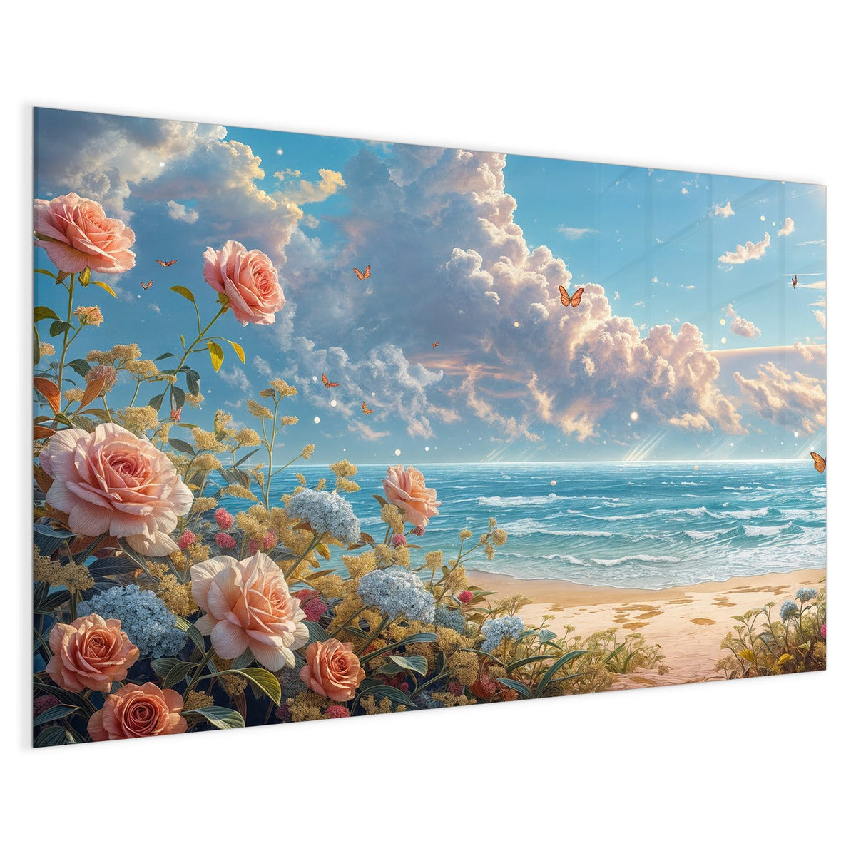 4 mm Glas statt lackiertem Blech – Magnettafel - Rosen vor dem Meer