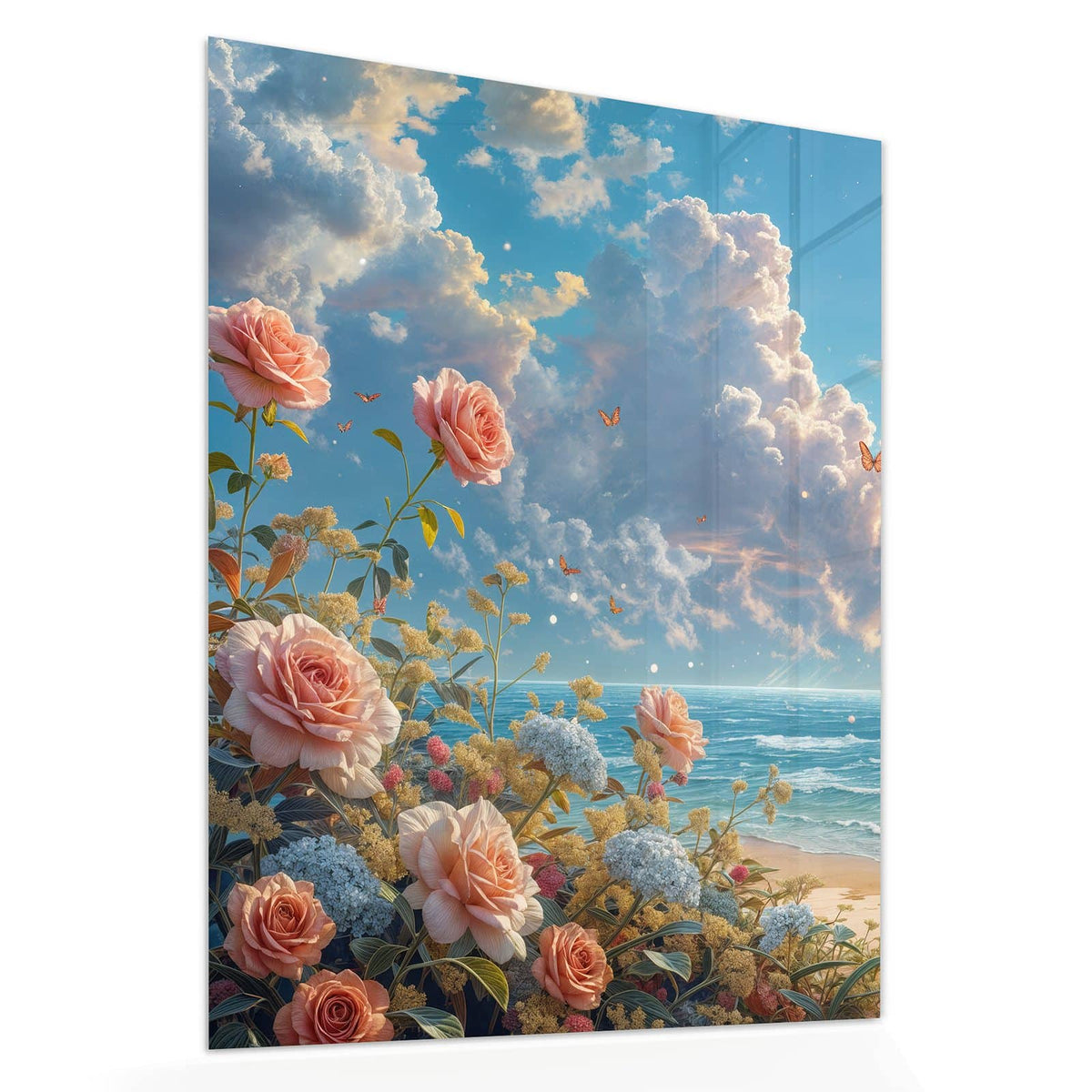 Echtglas, 4 mm – kein Acryl, keine Folie – Wandbild - Rosen vor dem Meer - Hochformat