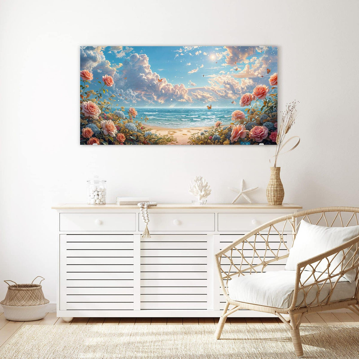 Echtglas, 4 mm – kein Acryl, keine Folie – Wandbild - Rosen vor dem Meer - Querformat