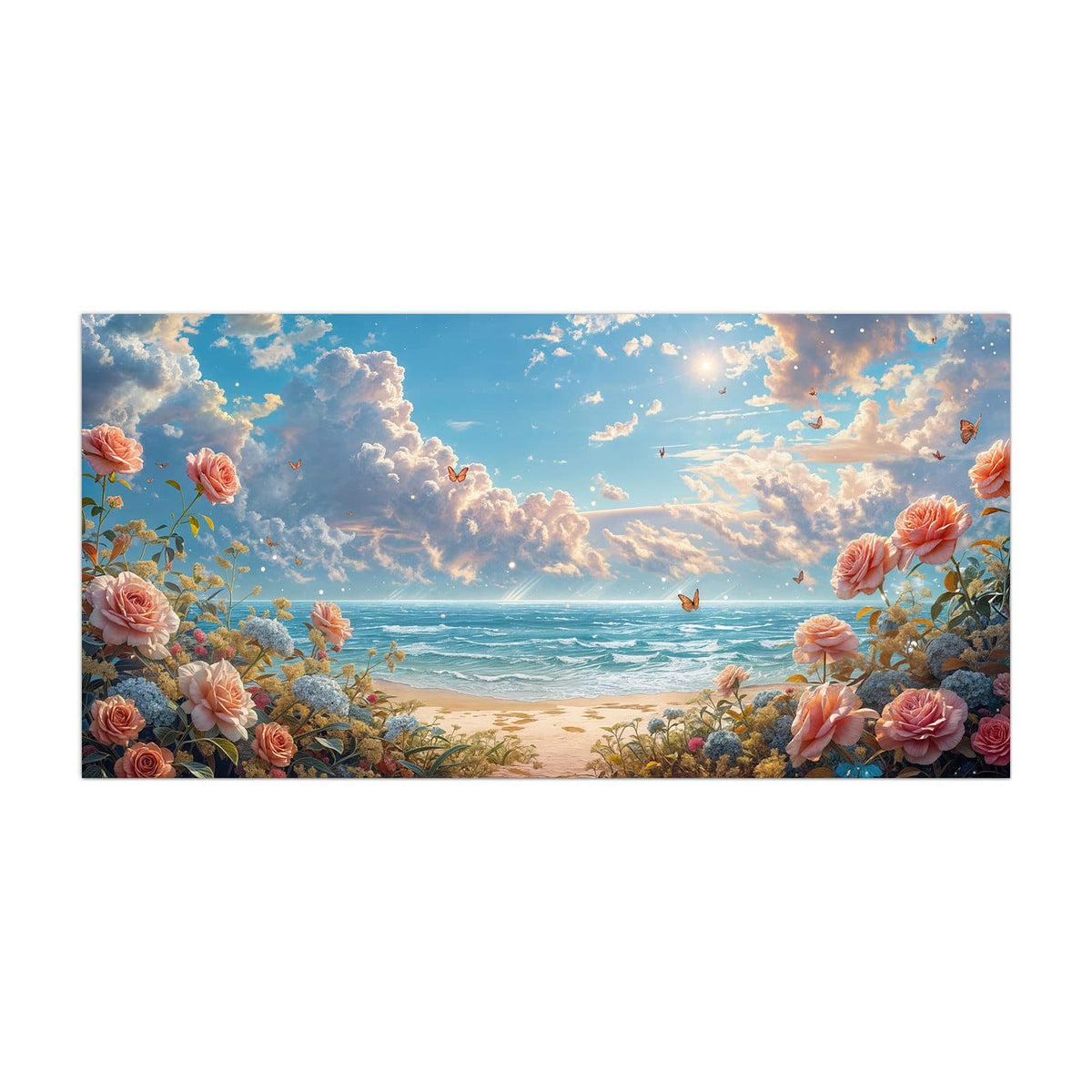 Küchenrückwand aus Glas Rosen vor dem Meer im Hochformat, Motiv bildfüllend von vorn