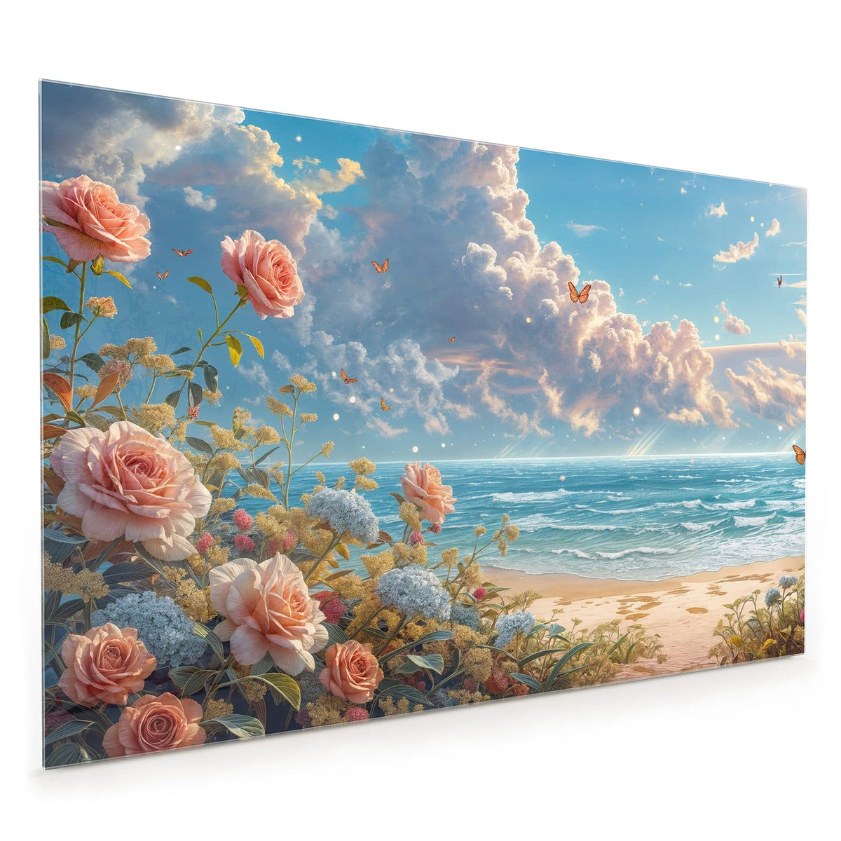 Küchenrückwand aus Glas im Hochformat: Aprikosen- und rosafarbene Rosen im Vordergrund, dahinter Meer, Wolkenhimmel und kleine Schmetterlinge