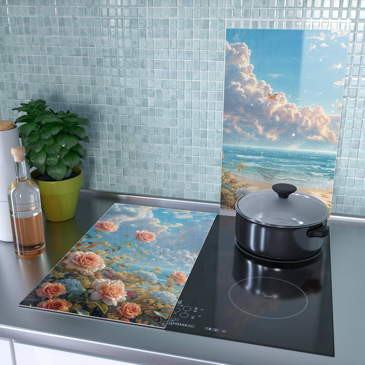 2-teilige Ceranfeld Abdeckungen mit Strandzeit mit Rosen-Motiv als Spritzschutz hinter dem Kochfeld