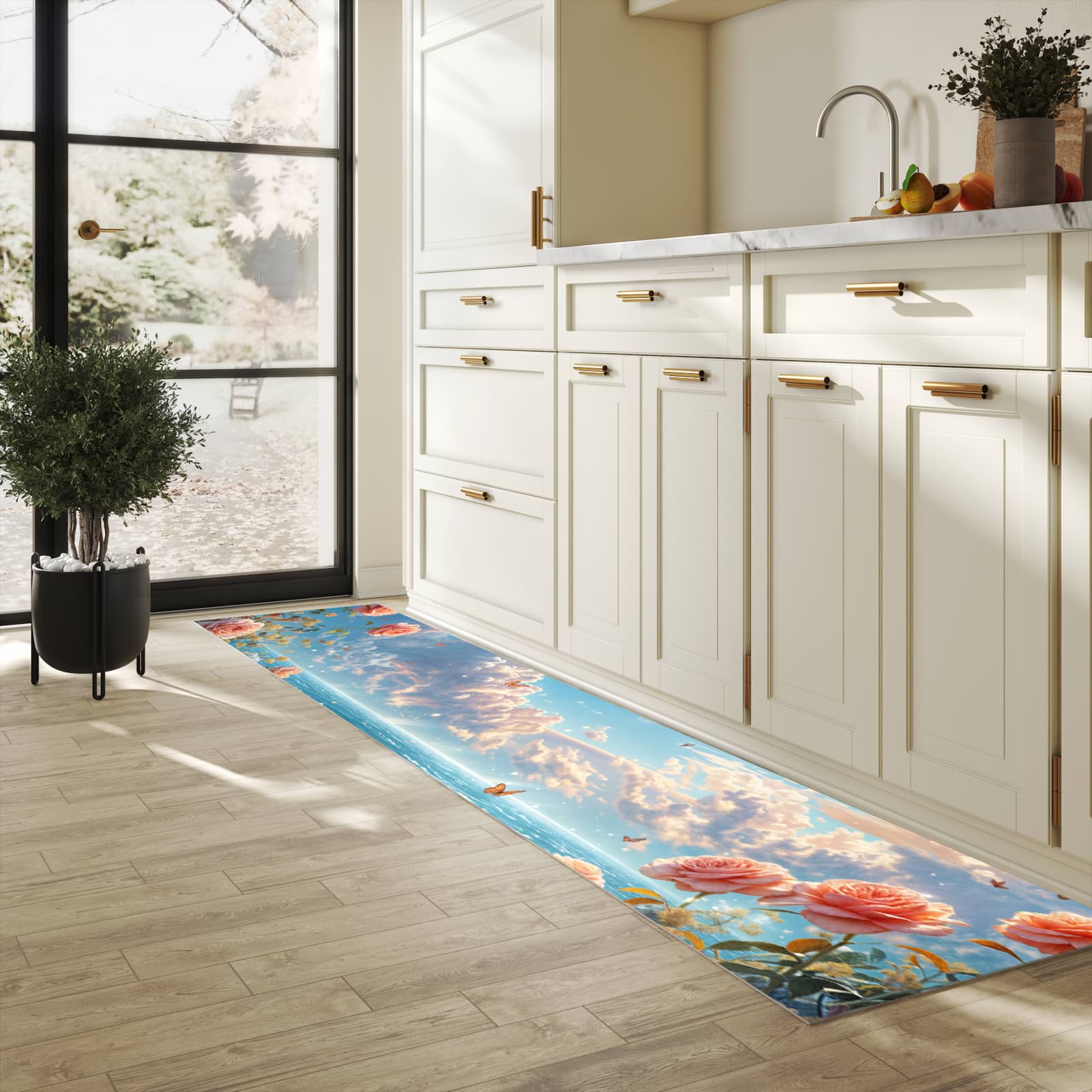 Hygienischer rutschfester Küchenteppich mit Motiv Strandzeit mit Rosen in heller Küche