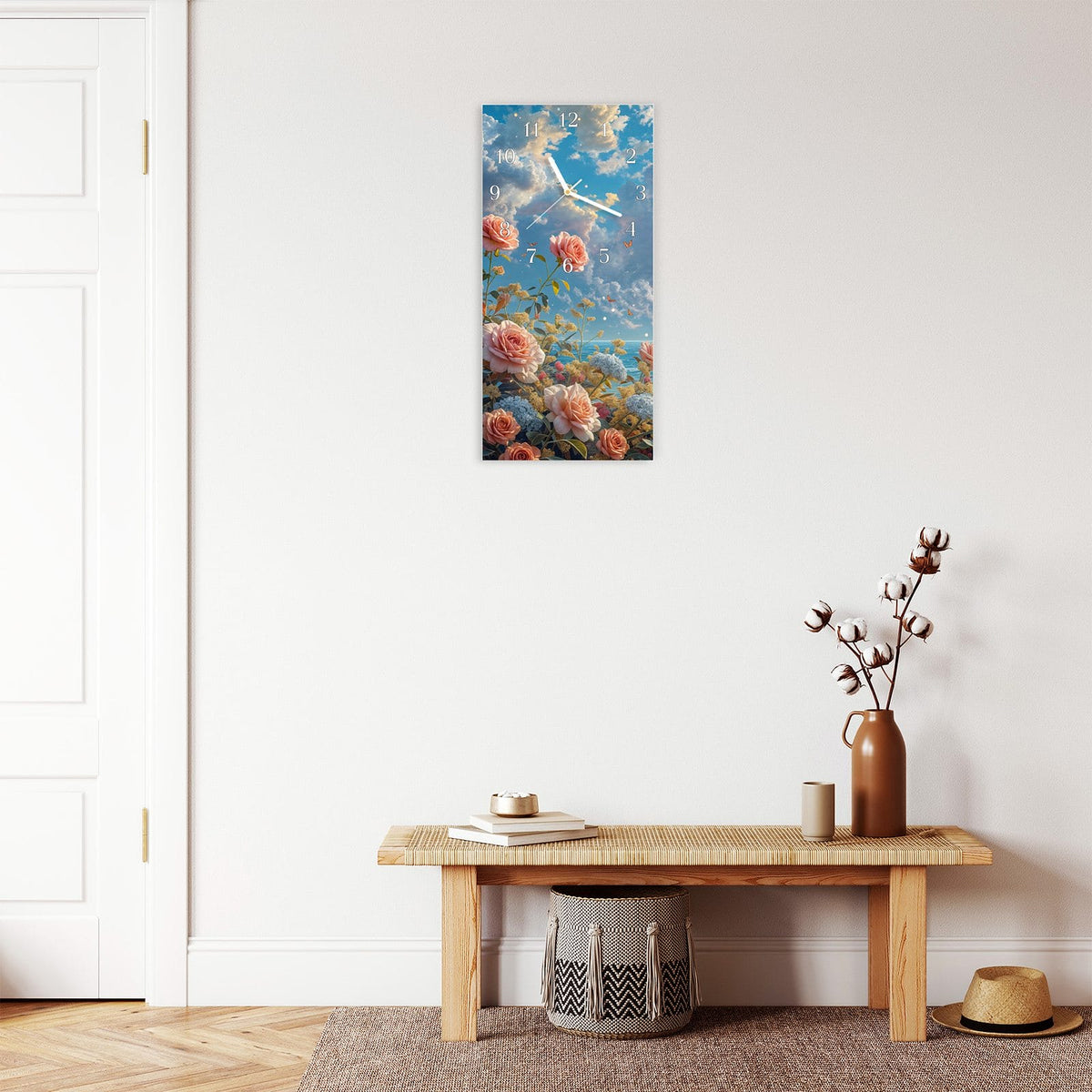 Moderne Wanduhr aus Glas mit Farbtiefe – Wanduhr Strandzeit mit Rosen aus Glas – Hochformat 30 × 60 cm