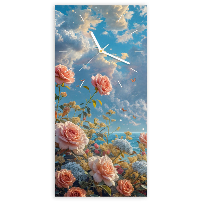 Wanduhr Strandzeit mit Rosen aus Glas – Hochformat 30 × 60 cm mit Ziffernblatt Linie