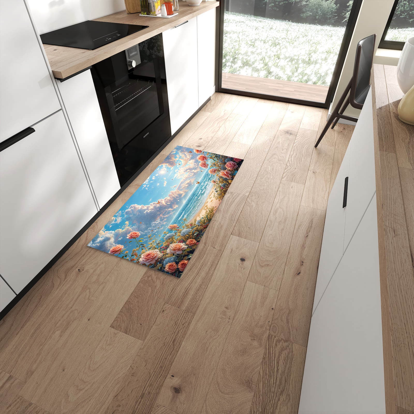 Hygienischer Küchenteppich mit Motiv Strandzeit mit Rosen in moderner Küche #grösse_60 x 120 cm