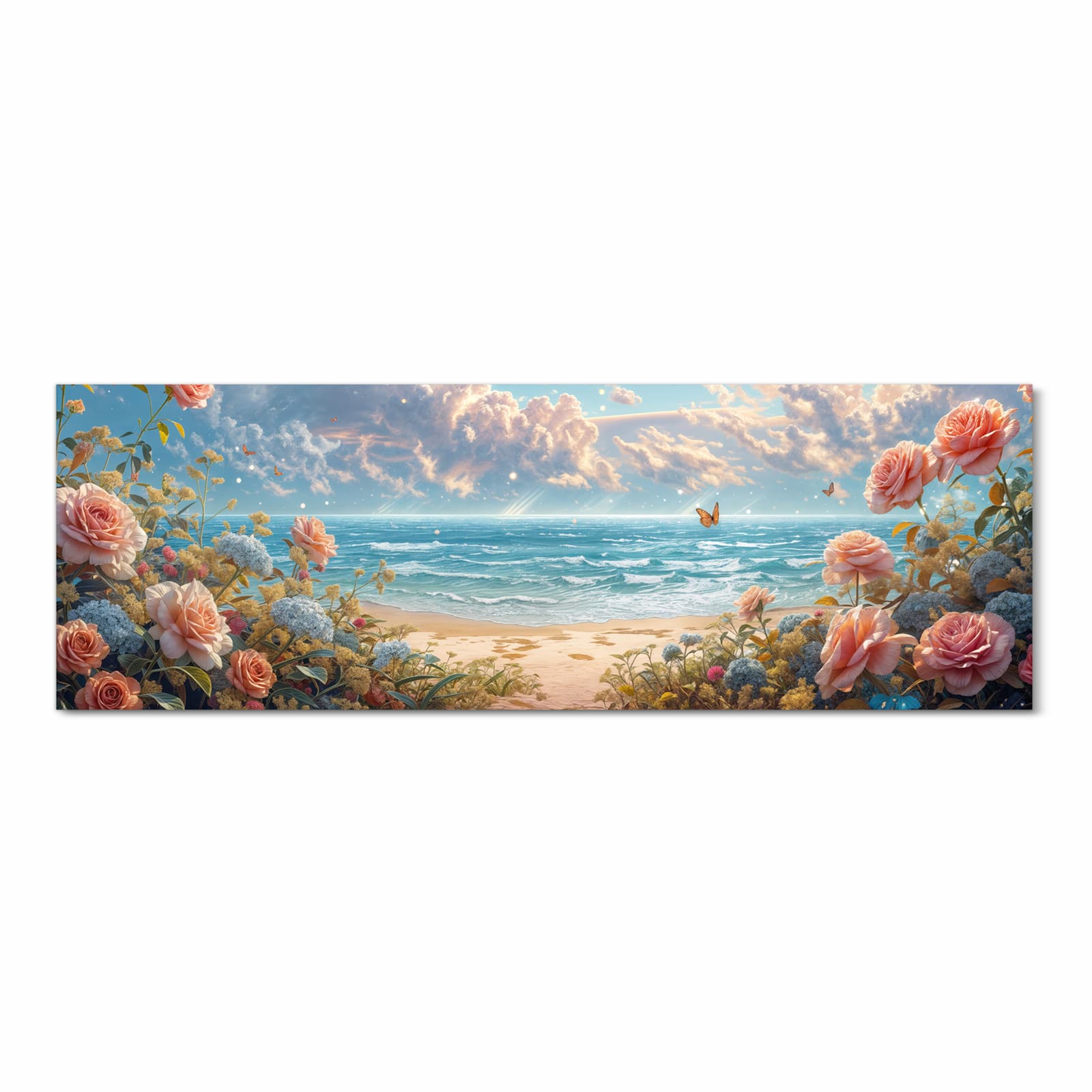 Zeitsparender waschbarer Küchenteppich mit Motiv Strandzeit mit Rosen in Frontansicht