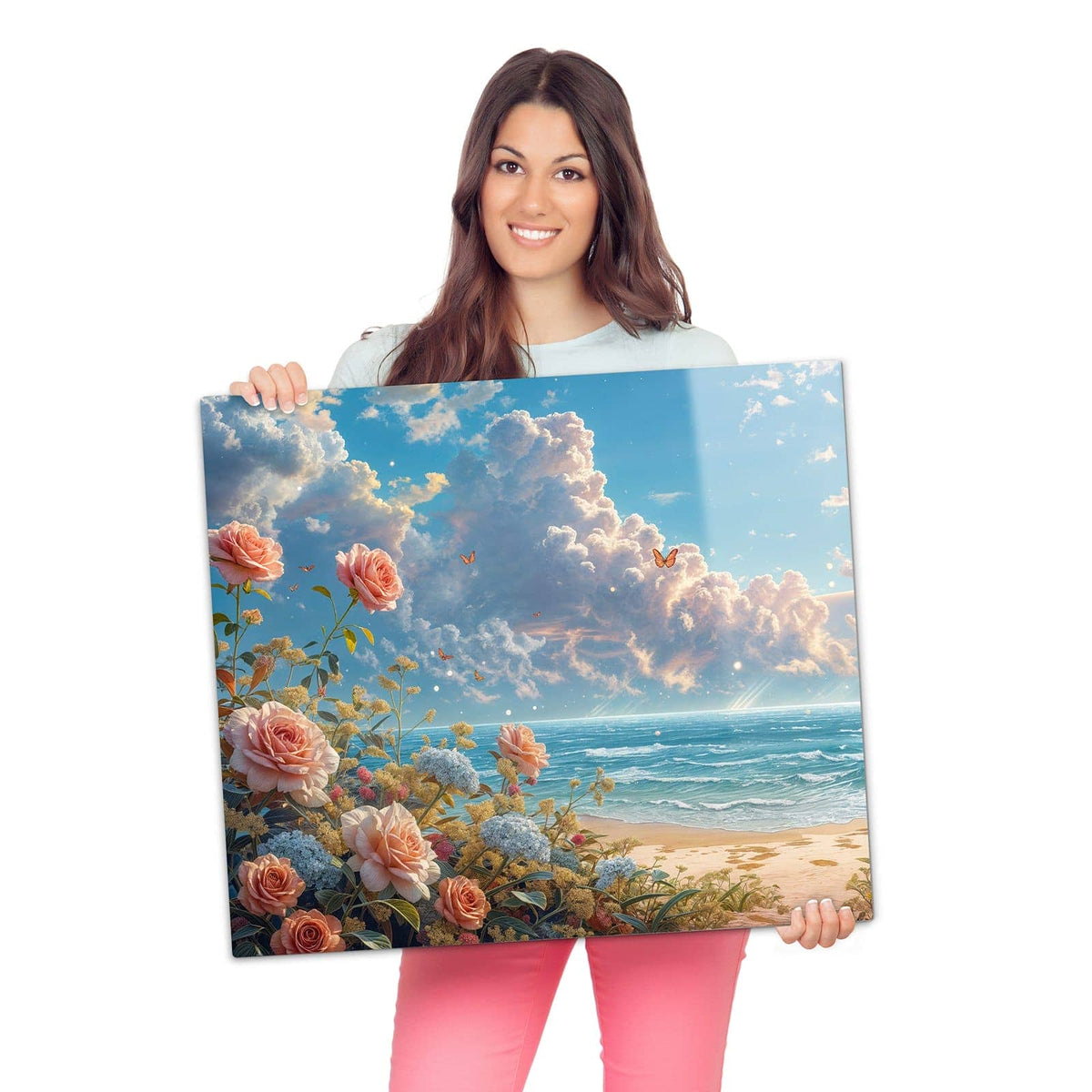 Herdabdeckplatte mit Strandzeit mit Rosen-Motiv wird zur Größendarstellung gehalten