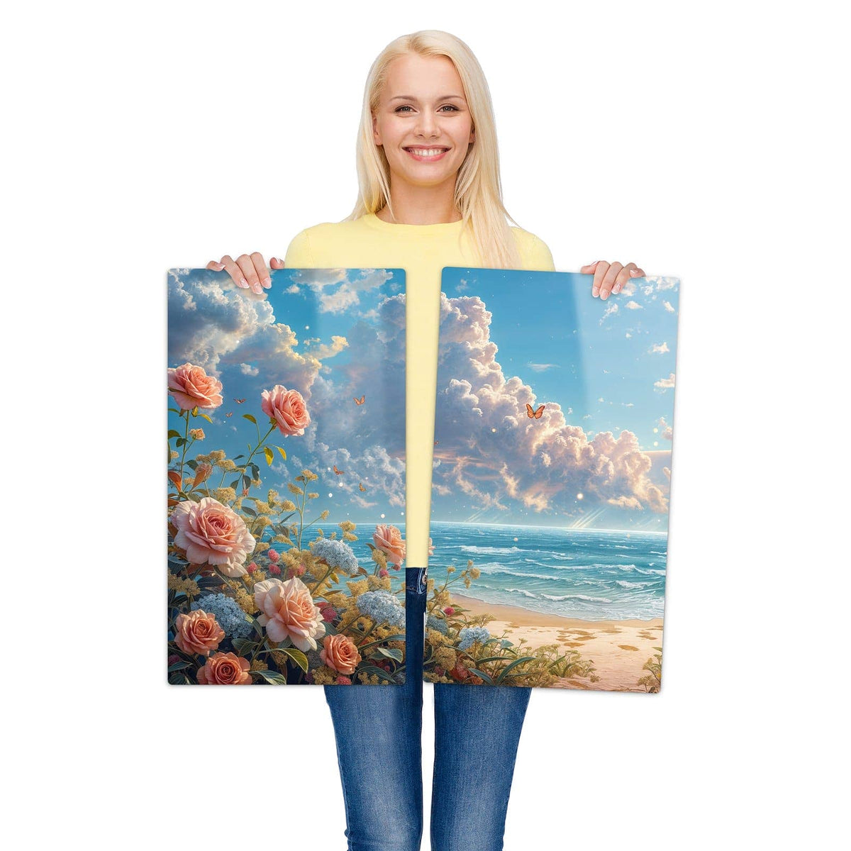 2-teilige Herdabdeckplatten für Ceranfeld mit Strandzeit mit Rosen-Motiv wird zur Größendarstellung gehalten