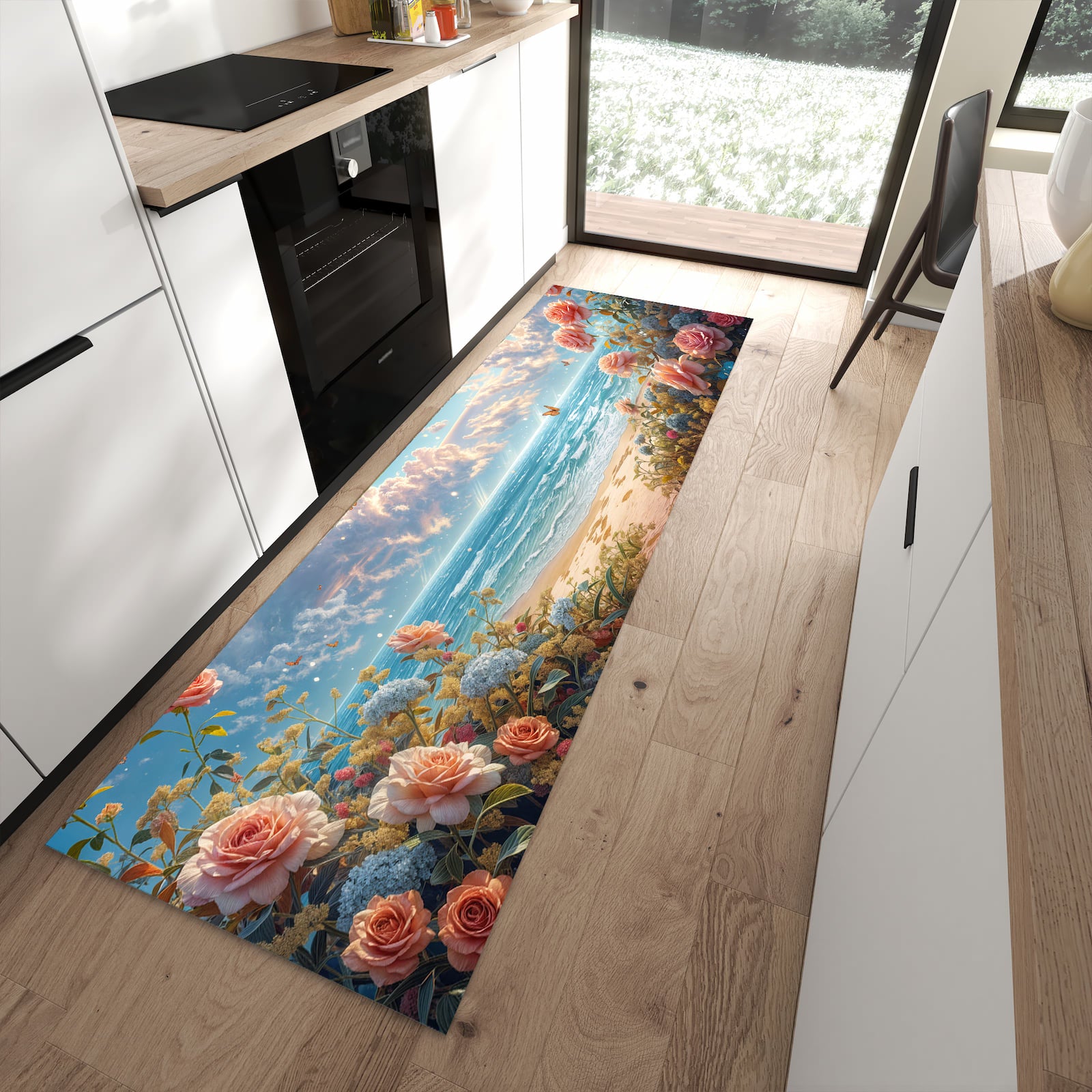 Bodenschonender Küchenläufer mit Motiv Strandzeit mit Rosen in moderner Küche