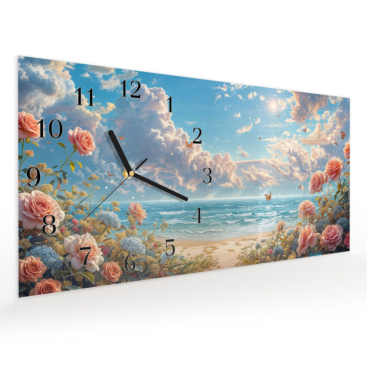 Vormontiert – mit Schwebeeffekt – Wanduhr Strandzeit mit Rosen aus Glas – Querformat 60 × 30 cm
